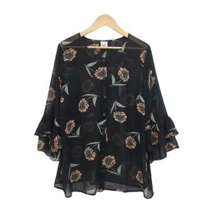 Cabi Womens La Di Da Floral Bell Sleeve Blouse Black Floral Sheer Size XL